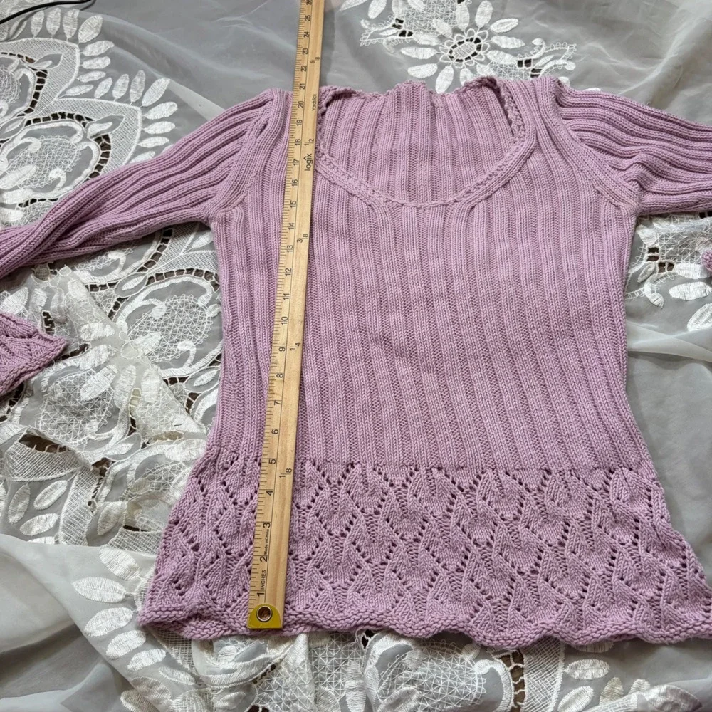 Fairy Lavender Pink Ribbed Knit Pointelle Flare Sleeve Scoop Neck Sweater 0990